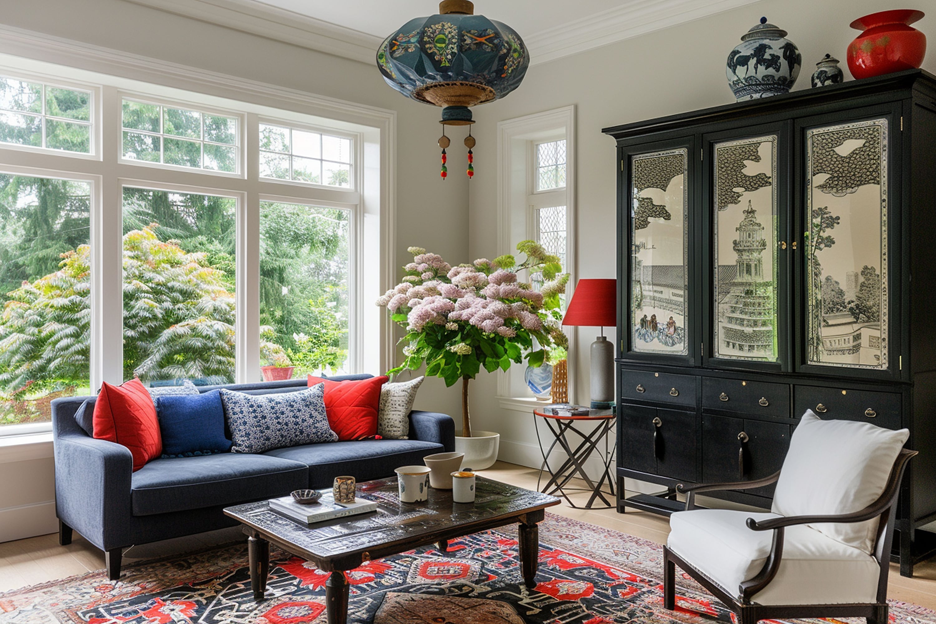 Sophisticated eclectic interior design with a large oriental rug, a blue sofa with red pillows, and a black Chinoiserie armoire.