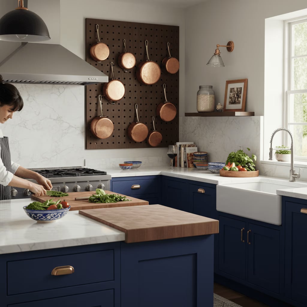 Modern kitchen featuring navy blue cabinets, white marble countertops, and a custom dark wood pegboard organizer displaying copper cookware.