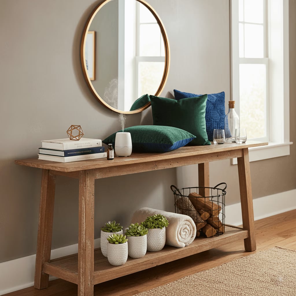 Modern rustic wooden entryway console table decorated with an essential oil diffuser, emerald green velvet pillows, a round gold mirror, and small potted succulents.